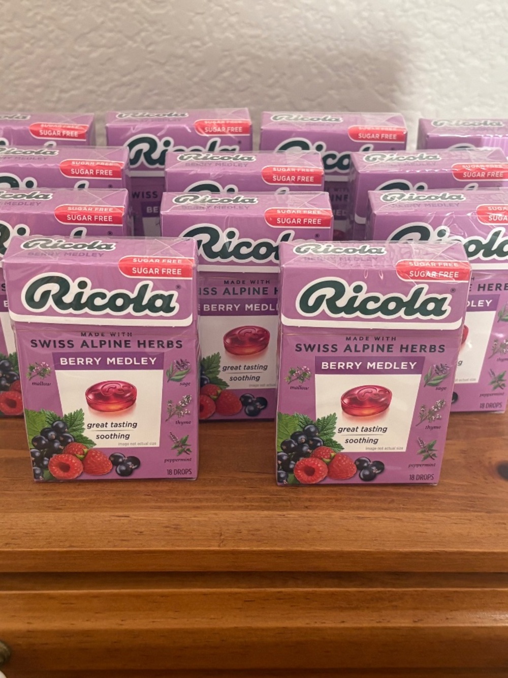 TWELVE  Packages Ricola Sugar-Free Berry Medley Lozenges (18 Drops in Each Pkg)